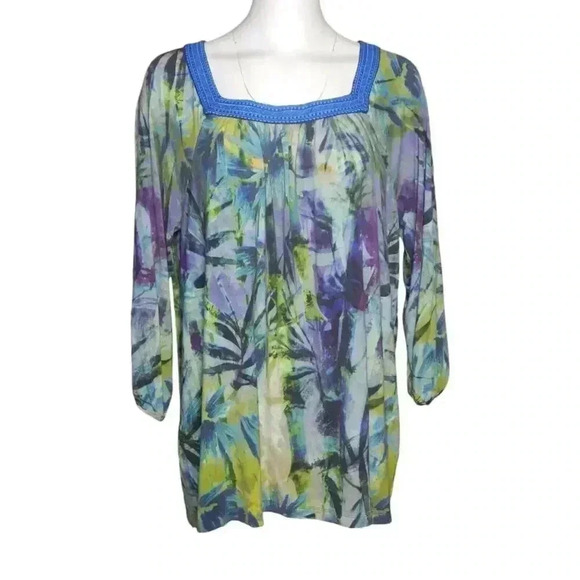 Soft Surroundings Tunic Top Blouse Size XL Colorful Floral Knit Square Neck - Picture 1 of 5